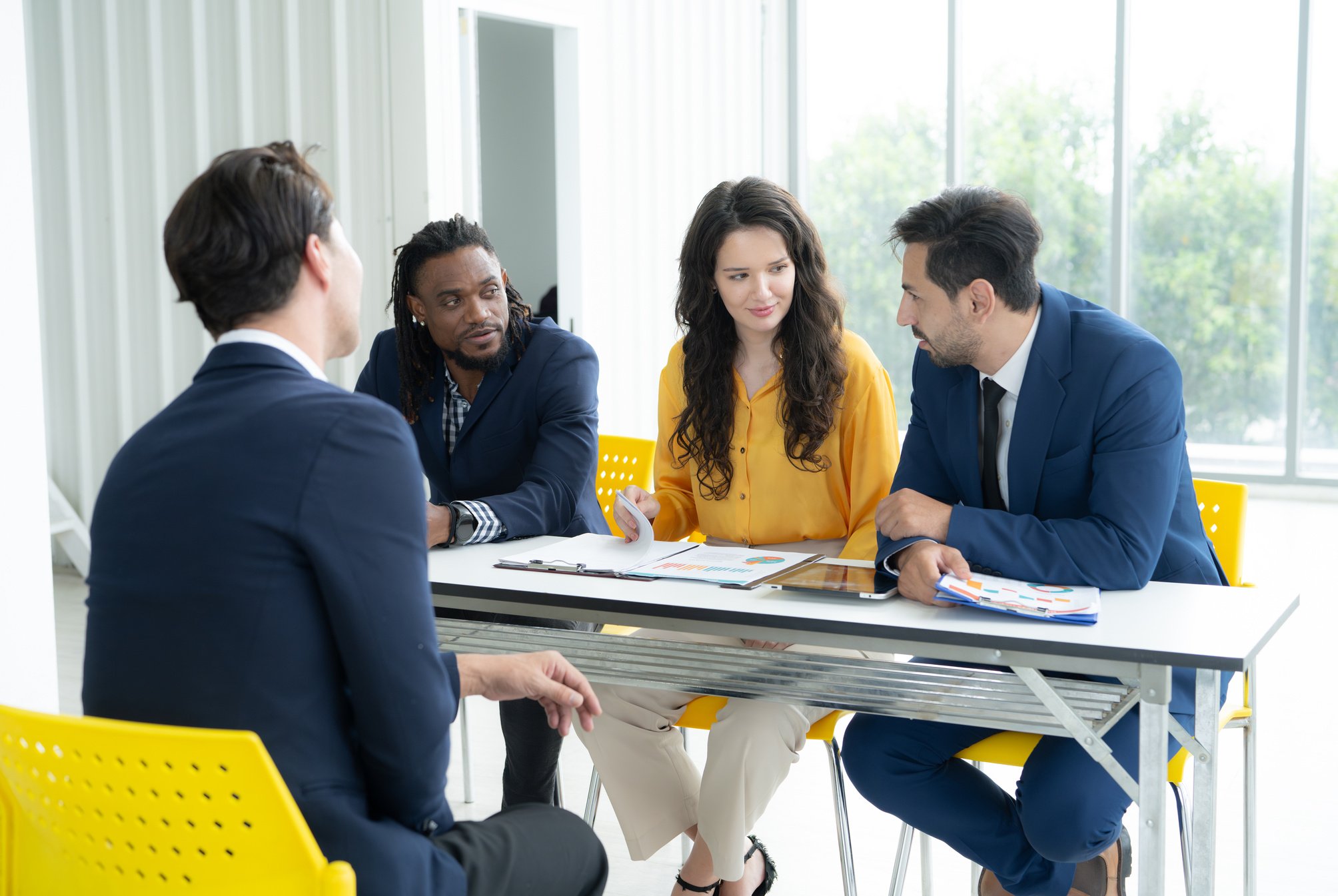 Job interview concept. Diverse hr team doing job interview with